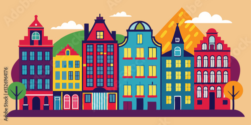 Old colorful buildings, vector flat isolated illustration. European traditional house facade. City architecture elements