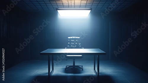 Empty interrogation room, dim light