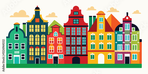 Old colorful buildings, vector flat isolated illustration. European traditional house facade. City architecture elements