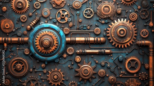 A detailed arrangement of gears and pipes, showcasing a steampunk aesthetic with a mix of copper and metallic elements.