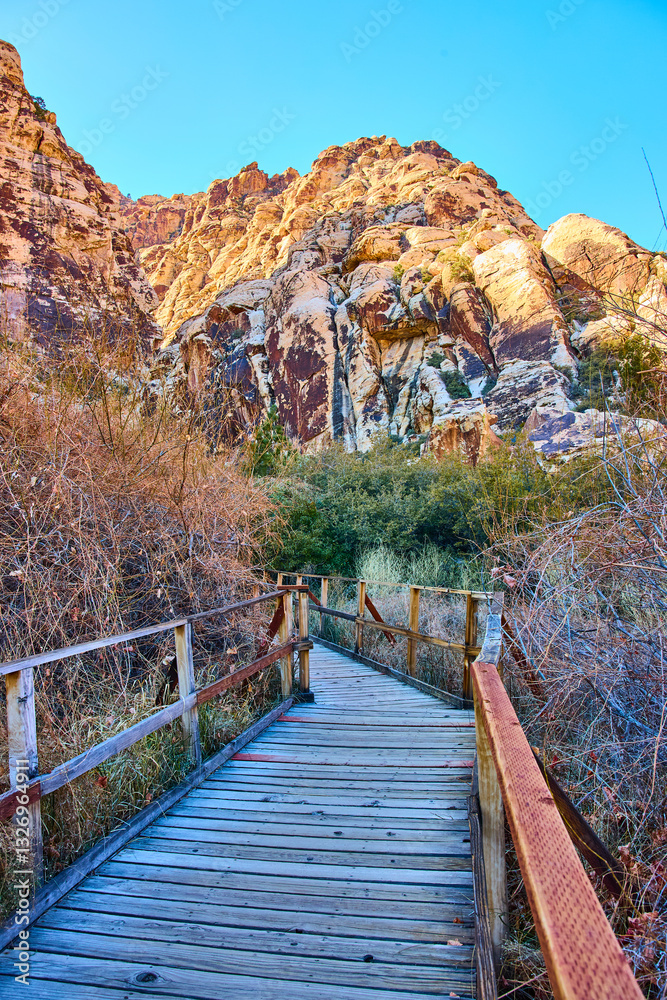 Fototapeta premium Pathway to Red Rock Nevada's Sunlit Canyon Adventure Perspective