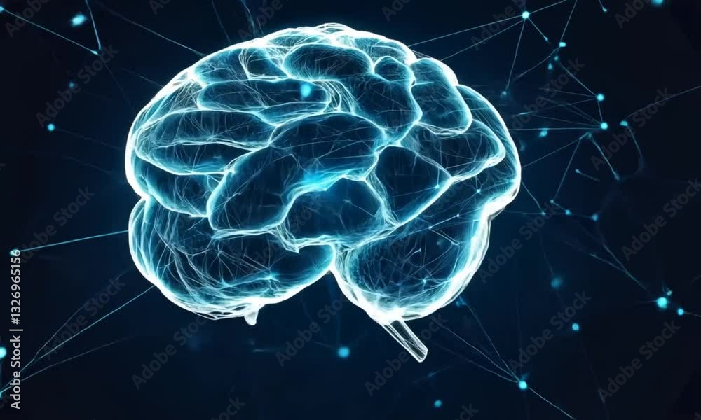 Glowing brain illuminated against dark background; network of connections, representing thoughts Glowing brain illuminated against dark background; network of connections, representing thoughts