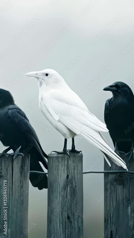 Unique interaction between black and white birds perched on wooden posts in a misty setting at sunrise