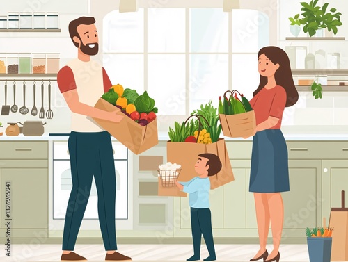 Family grocery delivery unpacking at home family life illustration cozy kitchen warm atmosphere family togetherness photo