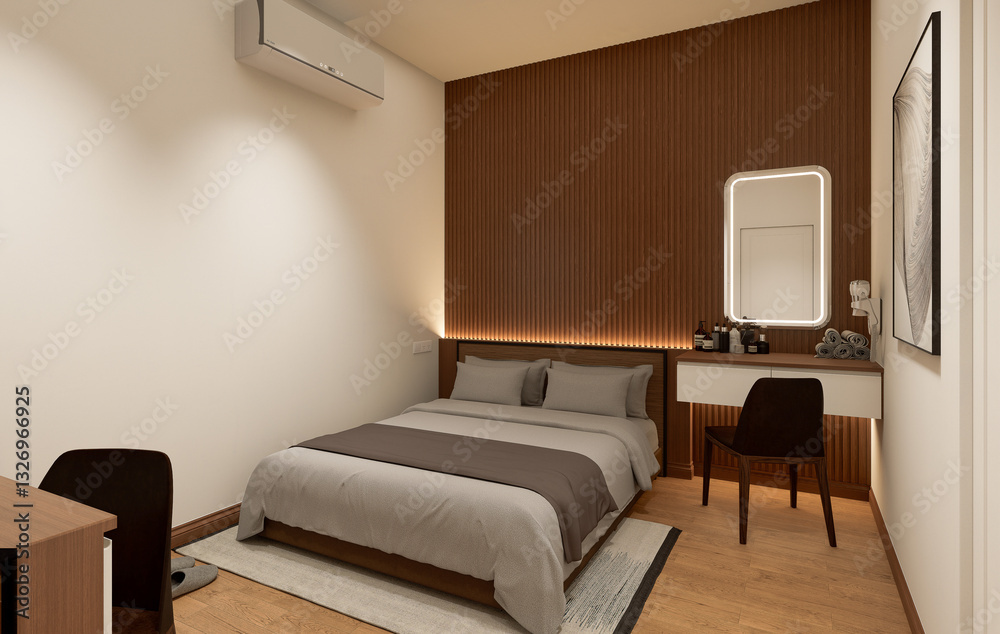 Fototapeta premium Interior of modern bedroom with beige and wooden walls, wooden floor.