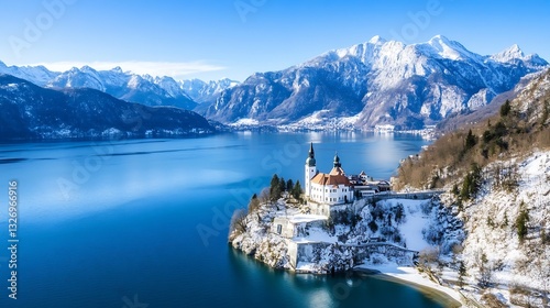 Stunning Aerial View of a Wintery Mountain Landscape with a Historic Church : Generative AI