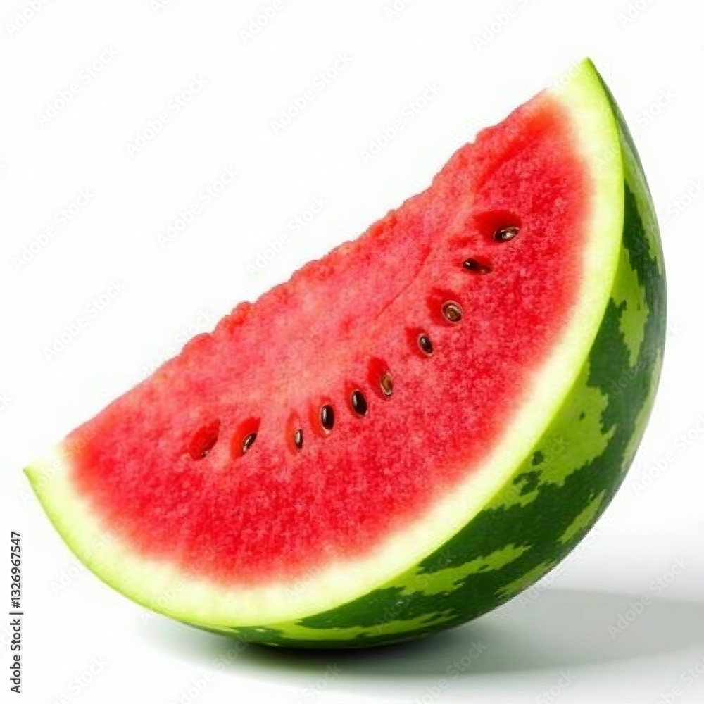 Vibrant watermelon wedge with green rind and red flesh on white background, White background, Summer, Fruit Vibrant watermelon wedge with green rind and red flesh on white background, White background, Summer, Fruit