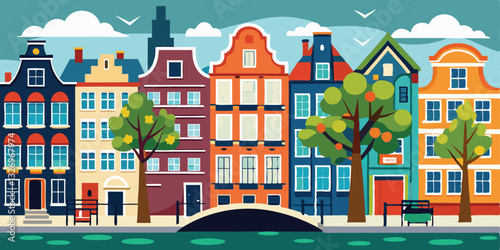 colorful old hand drawn european multistory buildings. Amsterdam Netherlands