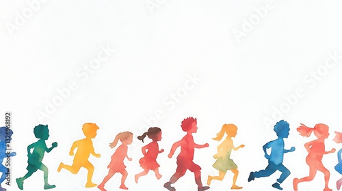 A colorful watercolor illustration of children joyfully running together in a playful scene