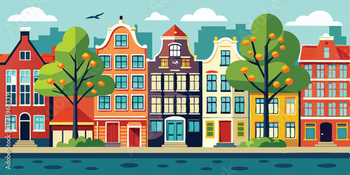 colorful old hand drawn european multistory buildings. Amsterdam Netherlands