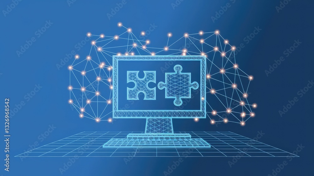 Fototapeta premium Abstract desktop and jigsaw puzzle on screen. Business solution concept on dark background. Monochrome light blue hologram style. Low poly wireframe vector illustration with connected glowing dots 