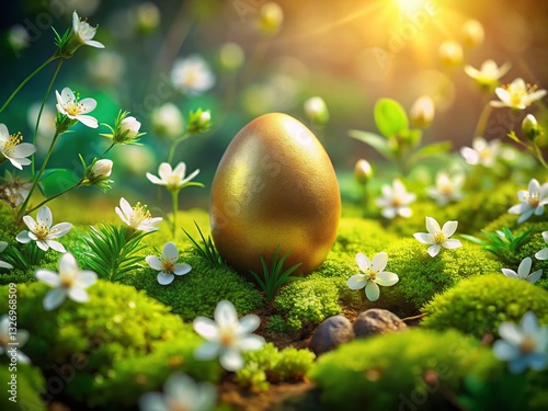 Golden Easter Egg in Moss Nest with White Flowers - Spring Holiday Still Life