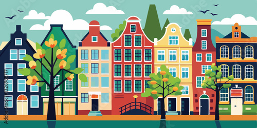 colorful old hand drawn european multistory buildings. Amsterdam Netherlands