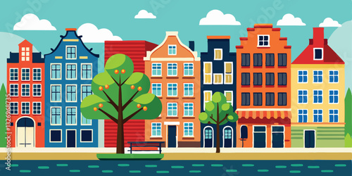 colorful old hand drawn european multistory buildings. Amsterdam Netherlands
