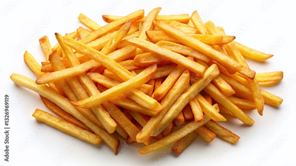 Golden French Fries, Crispy Potato Fries, Aerial View, White Background, Food Photography Golden French Fries, Crispy Potato Fries, Aerial View, White Background, Food Photography