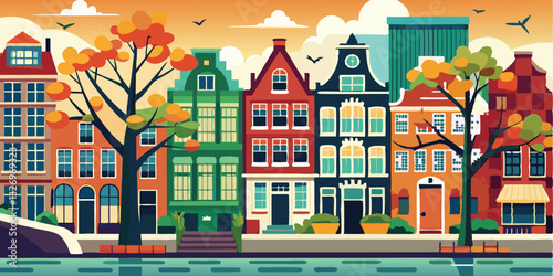 colorful old hand drawn european multistory buildings. Amsterdam Netherlands