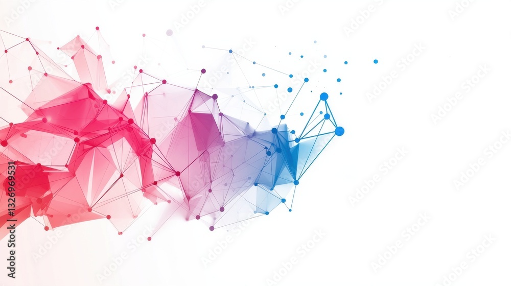 Obraz premium Abstract digital art featuring flowing shapes in pink and blue tones, interconnected by delicate lines and dots, creating a sense of movement and depth.
