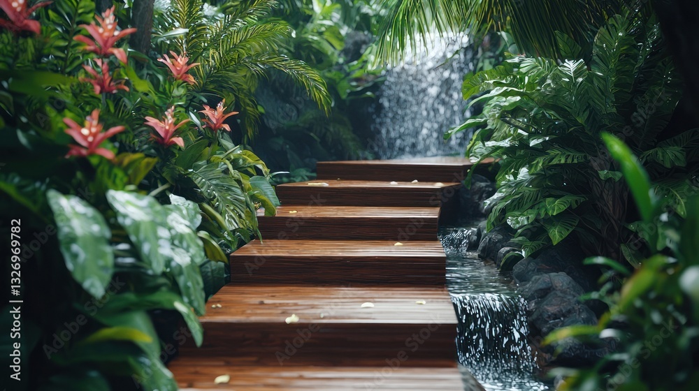 Obraz premium Serene Tropical Paradise: Wooden Steps Leading to a Waterfall