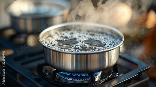 Boiling water in a metallic pot on a portable gas stove outdoors.