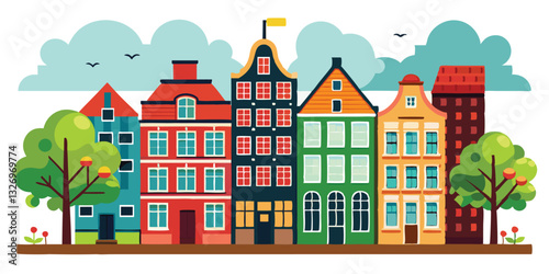 Seamless border of colorful old hand drawn european multistory buildings