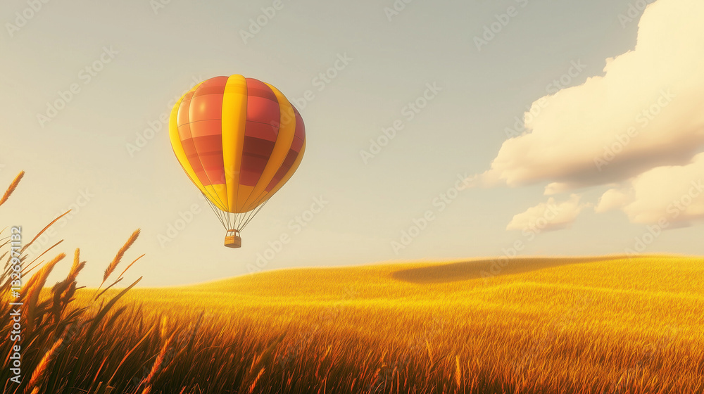 Obraz premium Vibrant Hot Air Balloon Adventure Over Serene Golden Fields With Copy Space
