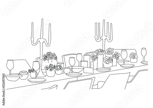 One line art of long table set for guests and decorated with flowers and candles.