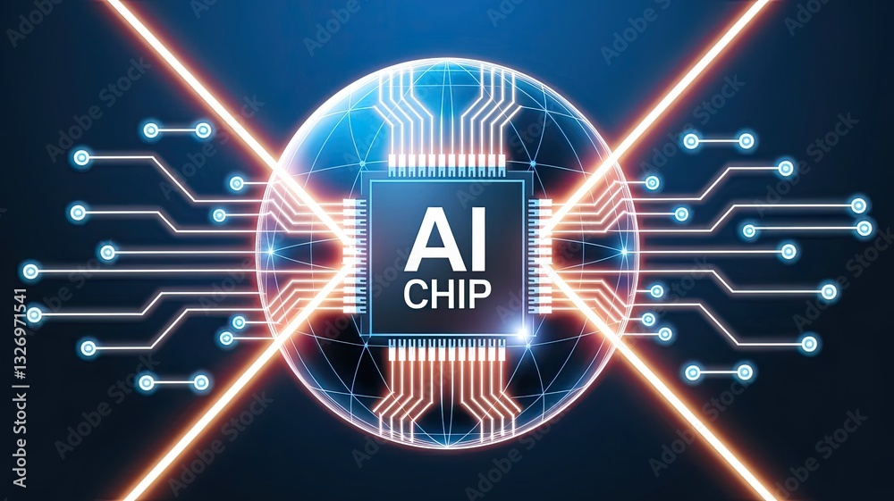 Abstract digital blue globe and AI chip in the center. Technology innovation background. AI processor with circuit roads in light blue with bright neon effect. Futuristic polygonal vector illustration Abstract digital blue globe and AI chip in the center. Technology innovation background. AI processor with circuit roads in light blue with bright neon effect. Futuristic polygonal vector illustration