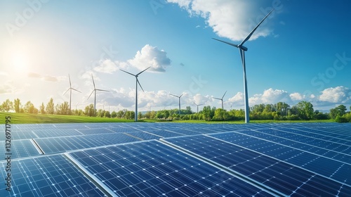 Modern Renewable Energy Facility with Solar Panels and Wind Turbines
