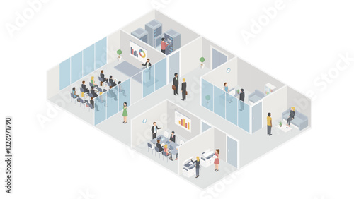 Isometric flat 3d abstract office floor interior departments concept vector. conference hall, offices, workplaces, director of the office interior