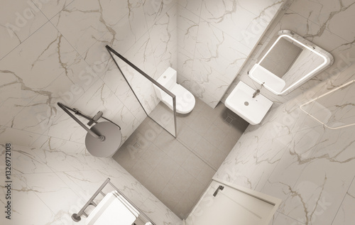 3D Render Modern minimalist white bathroom interior with shower, toilet, washbasin and mirror. 