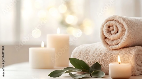 Relaxing spa setup featuring soft towels candles and natural greenery creating a tranquil ambiance : Generative AI