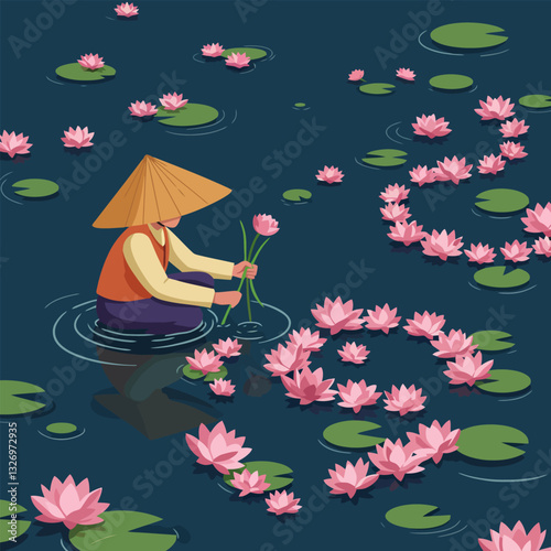 Harvesting Lotus Flowers in a Pond with Traditional Straw Hat