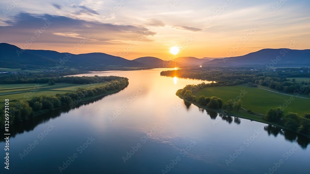 Obraz premium Stunning Aerial View of Serene River with Vibrant Sunset Reflections : Generative AI