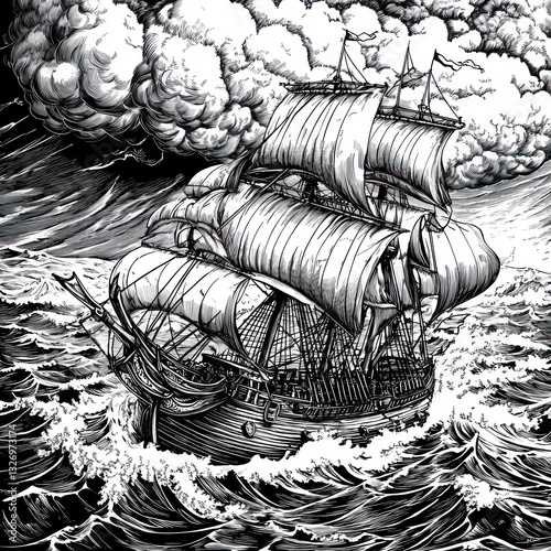 Sailing ship stormy sea ocean adventure graphic art