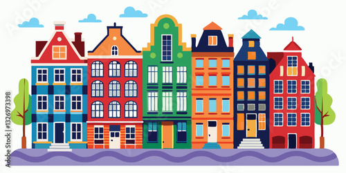 Amsterdam set. European city. Hand drawn vector illustration. Cartoon outline houses facades