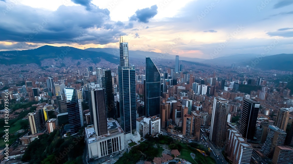 Obraz premium Aerial view of Medellin Colombia showcasing modern skyscrapers and mountainous backdrop : Generative AI