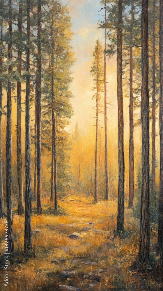 Obraz premium Golden Sunlight Illuminates a Peaceful Pine Forest Path