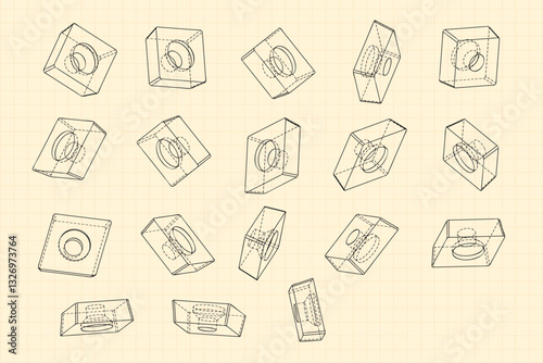 Mechanical engineering drawings on sepia background. Cutter, assembly tool with replaceable multi-faceted plate. Technical Design. Cover. Blueprint. Vector illustration.