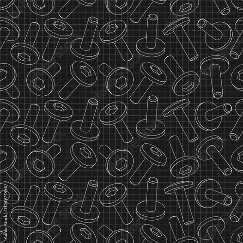 Mechanical engineering drawings on black background. Cutter, assembly tool with replaceable multi-faceted plate. Technical Design. Cover. Blueprint. Vector illustration. Seamless pattern.