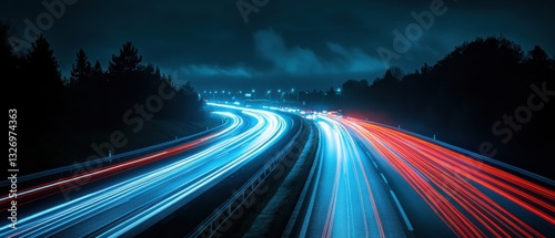 Dynamic Highway at Night with Light Streaks Creating a Sense of Speed and Modern Transportation Infrastructure with Dark Sky