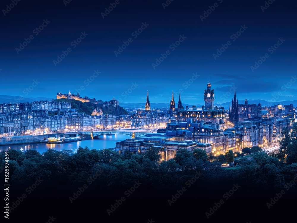 Obraz premium A stunning night view of a vibrant city skyline illuminated by lights, showcasing historical architecture and a calm river reflecting the glow, perfect for travel and cityscape themes
