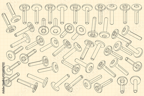Mechanical engineering drawings on sepia background. Cutter, assembly tool with replaceable multi-faceted plate. Technical Design. Cover. Blueprint. Vector illustration.