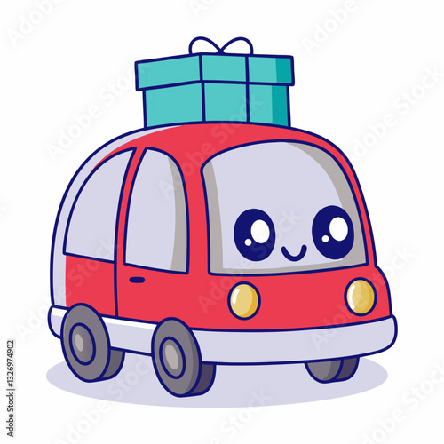 Playful red car delivering gifts cheerful atmosphere digital illustration whimsical design