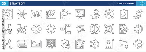 A set of line icons related to Strategy. Plan, way, puzzle, solution, search, teamwork, networking, steps, setup, presentation, and so on. Vector editable stroke.