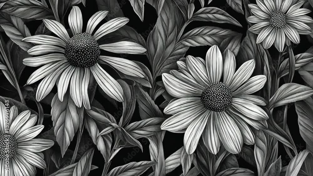 custom made wallpaper toronto digitalFloral pattern featuring detailed black and white illustration of flowers and leaves in a striking design setting