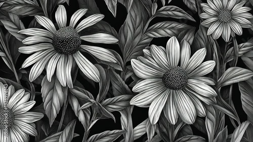 Wallpaper Mural Floral pattern featuring detailed black and white illustration of flowers and leaves in a striking design setting Torontodigital.ca