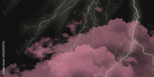 Thunder, lightnings and rain on a stormy summer night in black and white. Lightning bolts in the sky at night. Lightning on the sky with stormy clouds .