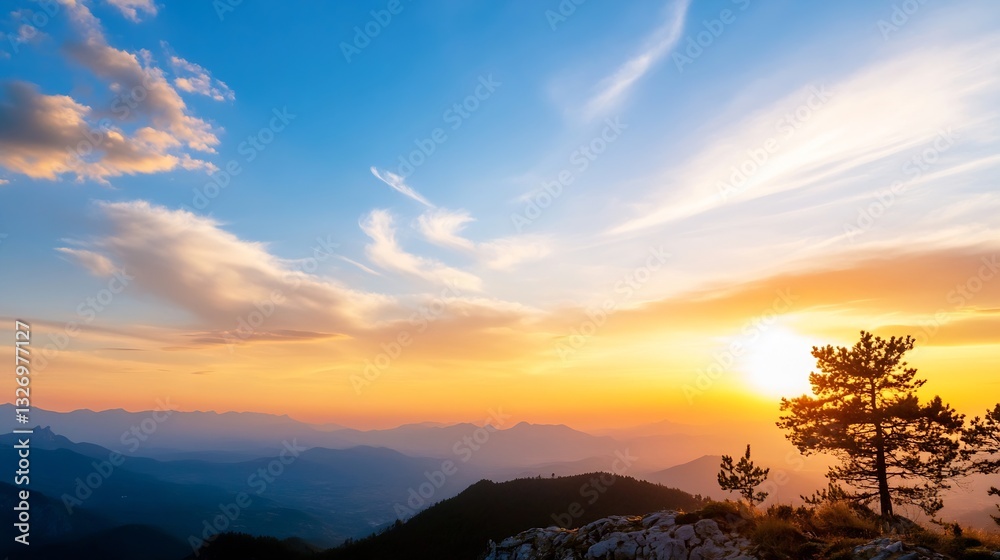 Fototapeta premium Breathtaking sunset over mountains with vibrant orange sky and silhouetted trees in scenic landscape : Generative AI