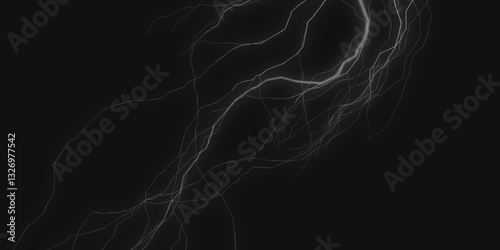 Thunder, lightnings and rain on a stormy summer night in black and white. Lightning bolts in the sky at night. Lightning on the sky with stormy clouds .