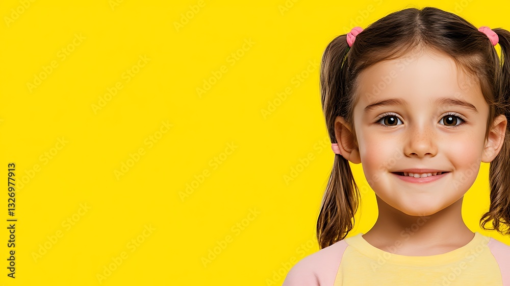 A cheerful child with braids smiling against a bright yellow background